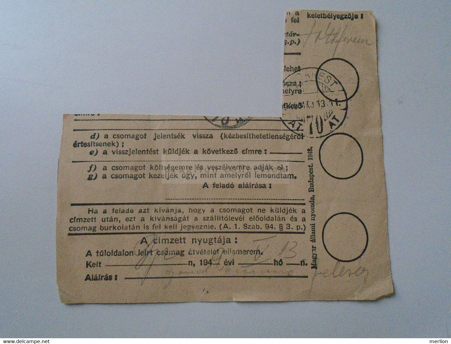 D187120  Hungary  Parcel Card  (cut)  1949   Sátoraljaújhely - Colis Postaux