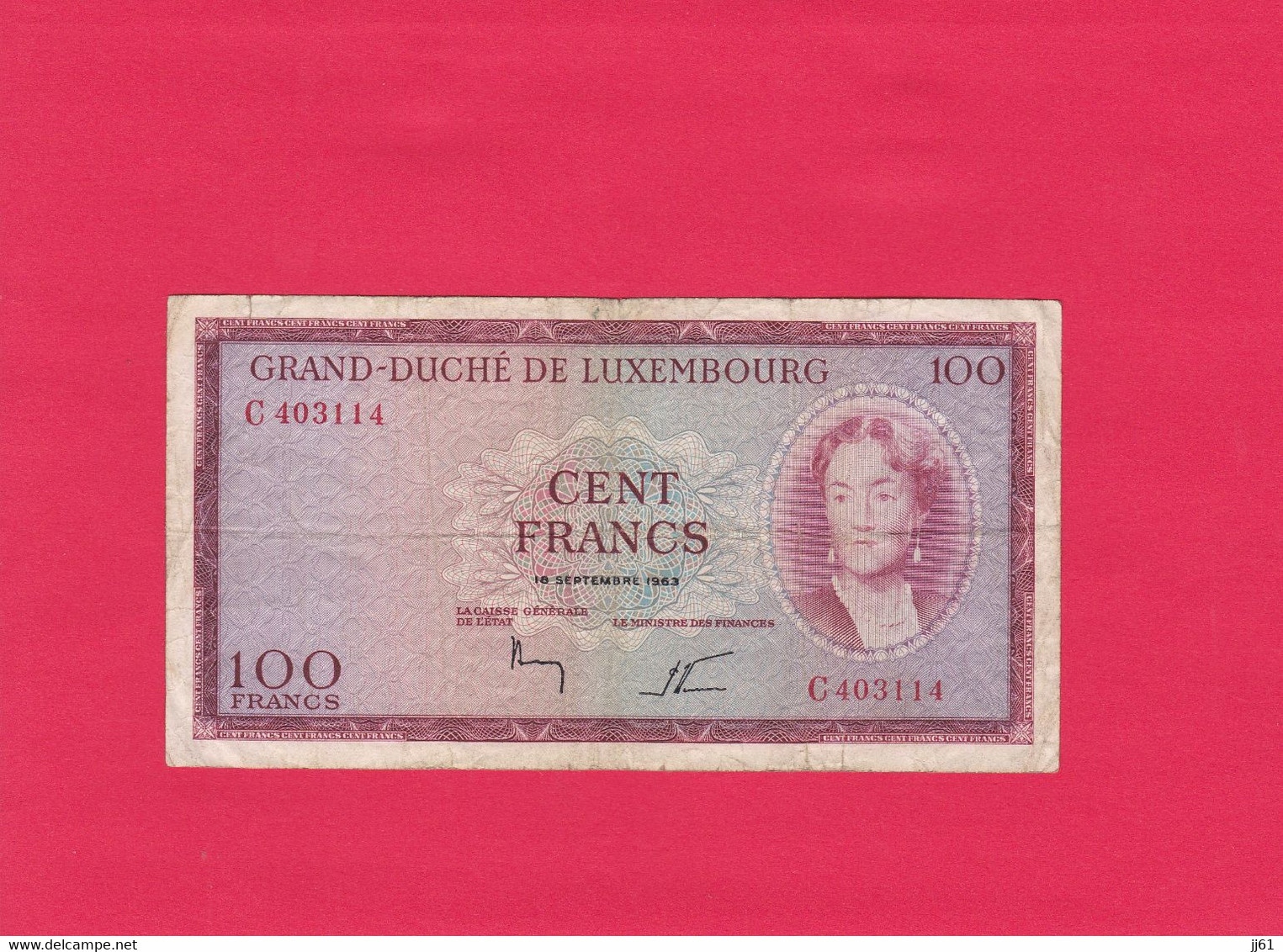 BILLET GRAND DUCHE DE LUXEMBOURG CENT FRANCS N° C403114 18 SEPTEMBRE 1963 ETAT D USAGE PLIURES AU MILIEU TACHES NORMAL - Luxemburgo