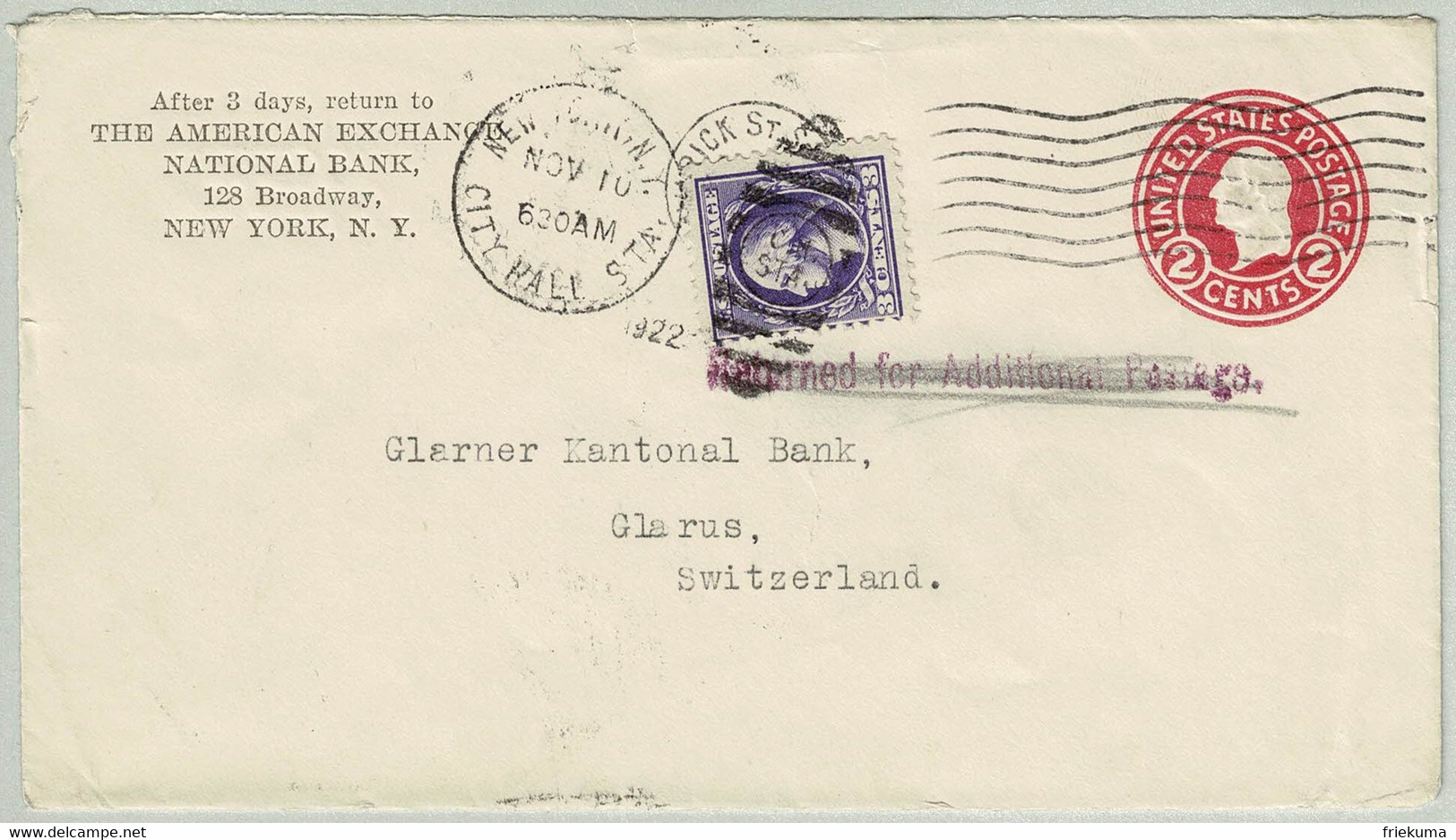 Vereinigte Staaten / USA 1922, Ganzsachen-Brief Exchance National Bank New York City Hall - Glarus (Schweiz) - 1921-40