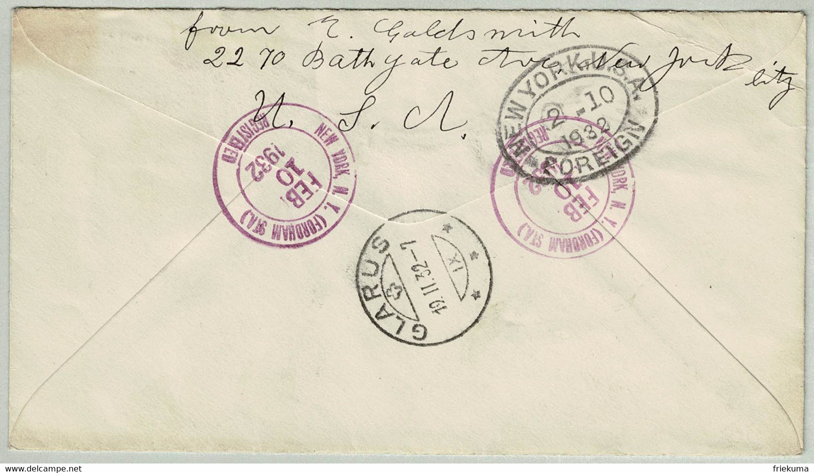 Vereinigte Staaten / USA 1932, Eingeschriebener Ganzsachen-Brief New York - Glarus (Schweiz), Via SS Europa - 1921-40