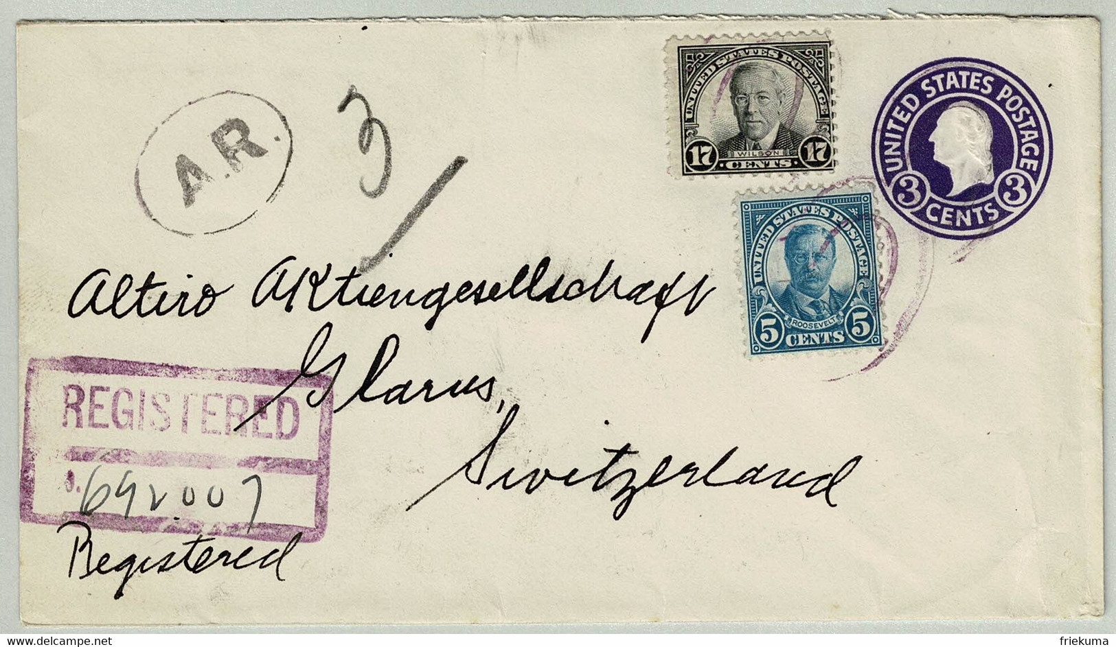 Vereinigte Staaten / USA 1938, Eingeschriebener Ganzsachen-Brief New York - Glarus (Schweiz), Gegen Rückschein A.R. - 1921-40