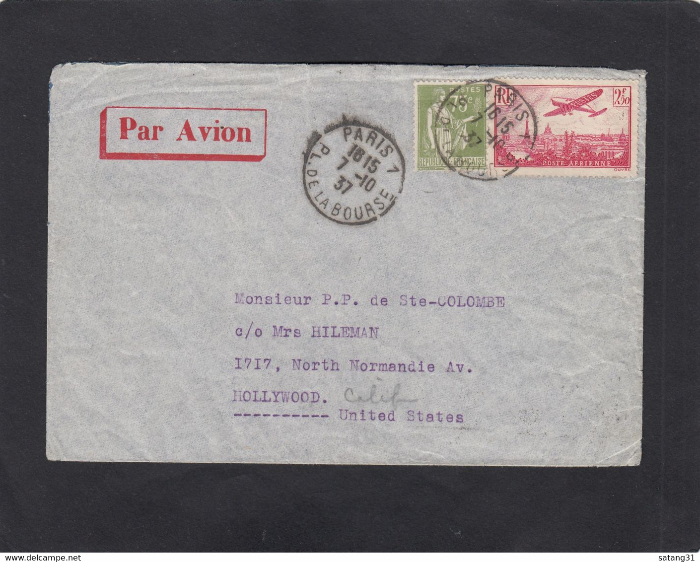 LETTRE PAR AVION DE PARIS,AVEC E.A. PA NO 11, POUR HOLLYWOOD,USA.1937 - 1927-1959 Covers & Documents