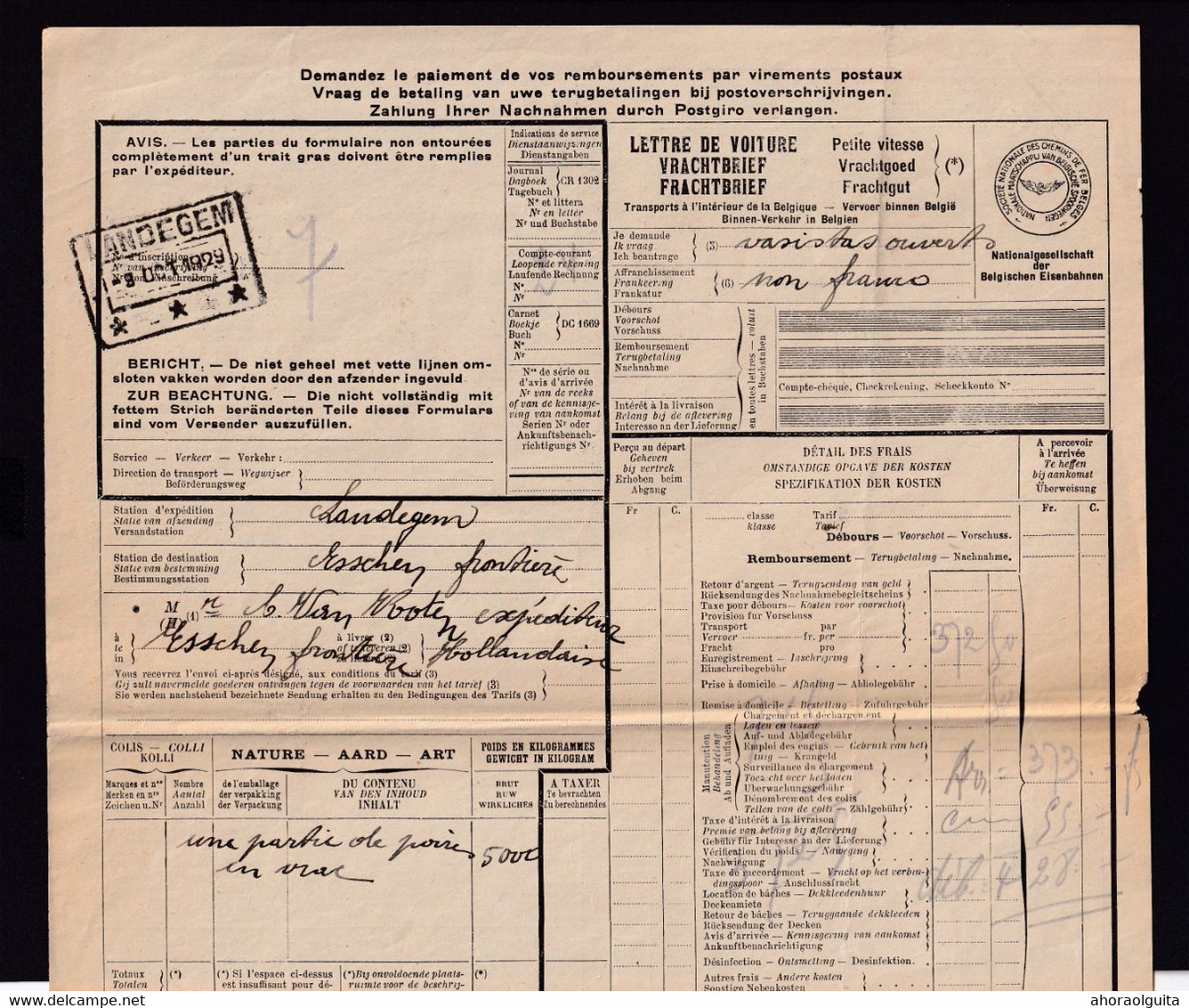 955/27 -- Cachets De Gare De FORTUNE - Lettre De Voiture LANDEGEM 1929 (type 3 étoiles) Vers ESSCHEN - Altri & Non Classificati