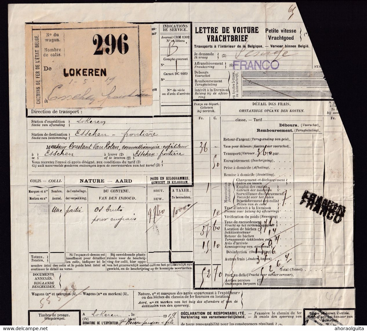 956/27 -- Cachets De Gare De FORTUNE - Lettre De Voiture LOKEREN 1919 (type Griffe Linéaire) Vers ESSCHEN Frontière - Altri & Non Classificati