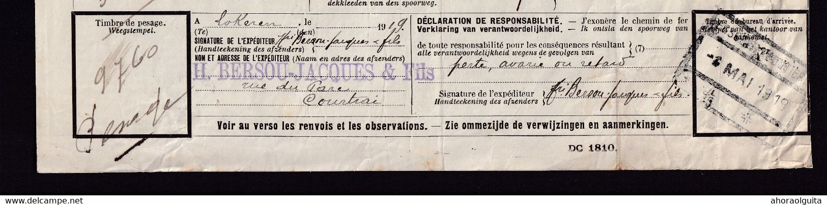 956/27 -- Cachets De Gare De FORTUNE - Lettre De Voiture LOKEREN 1919 (type Griffe Linéaire) Vers ESSCHEN Frontière - Autres & Non Classés