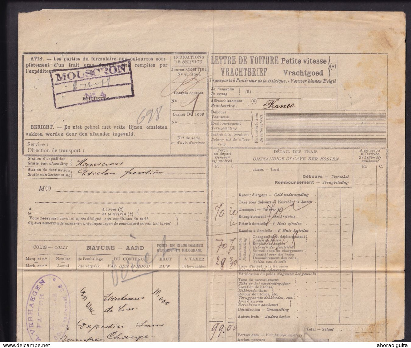 958/27 -- Cachets De Gare De FORTUNE - Lettre De Voiture MOUSCRON No 4 En 1919 (type 3 Cases) Vers ESSCHEN - Other & Unclassified