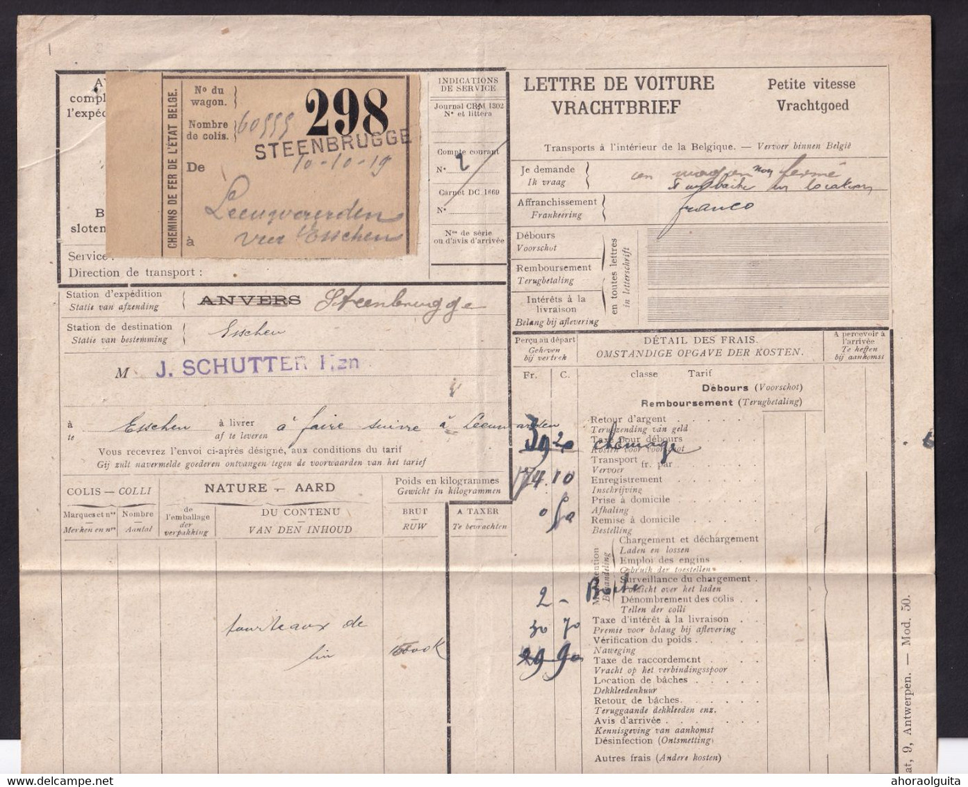 DDAA 765 --  Cachets De Gare De FORTUNE - Lettre De Voiture Griffe Linéaire STEENBRUGGE 1919 - Other & Unclassified