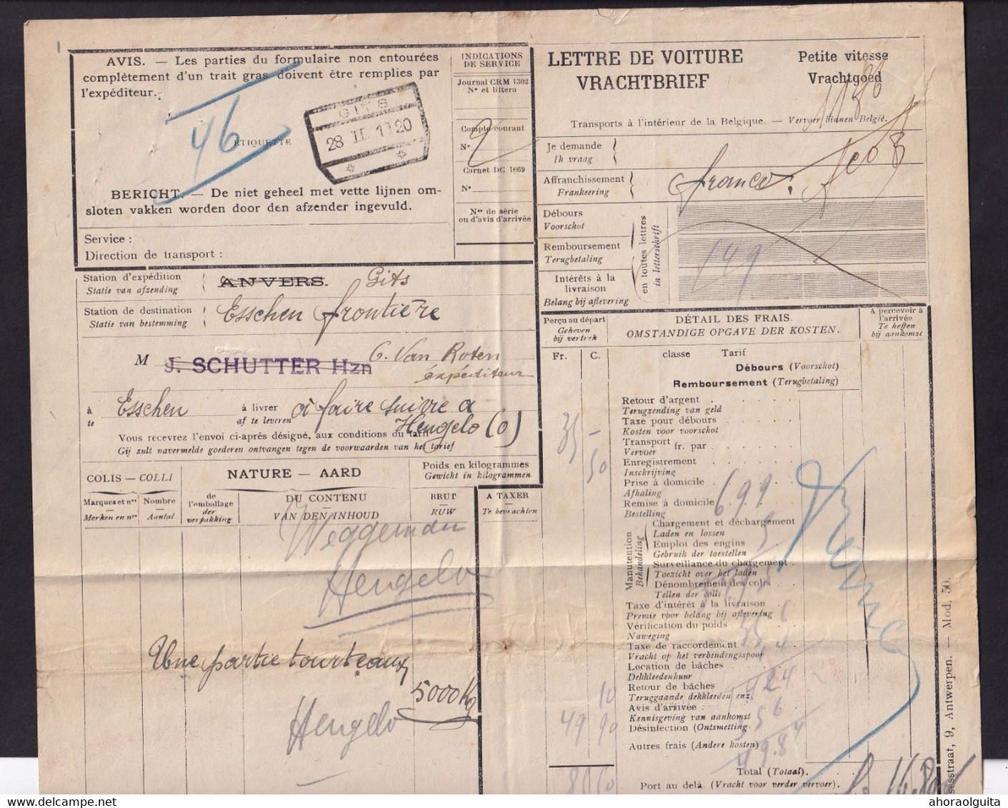 DDAA 767 --  WESTVLAANDEREN - Lettre De Voiture Cachet De Gare GITS 1920 Vers ESSCHEN - Andere & Zonder Classificatie