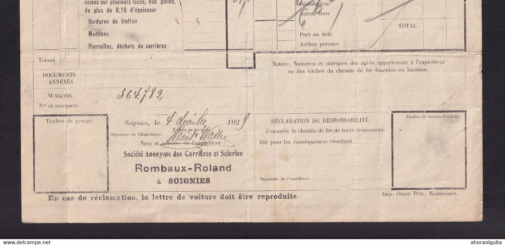 DDAA 771 --  Lettre De Voiture Cachet De Gare SOIGNIES 1929 - Entete S.A. Carrières Et Scieries Rombaux-Roland - Other & Unclassified