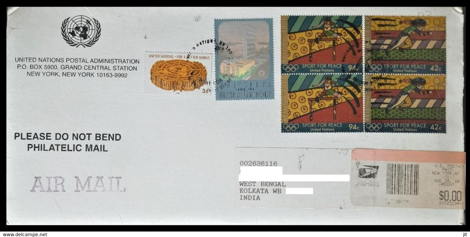 165.UNITED NATIONS 2008 USED AIRMAIL REGISTERED HARD COVER TO INDIA WITH HOLOGRAM STAMPS , OLYMPICS. - Lettres & Documents