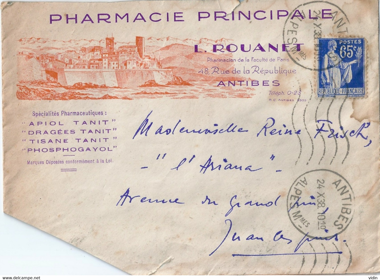 ANTIBES Enveloppe Publicitaire Pharmacie Principale Rouanet - Droguerie & Parfumerie