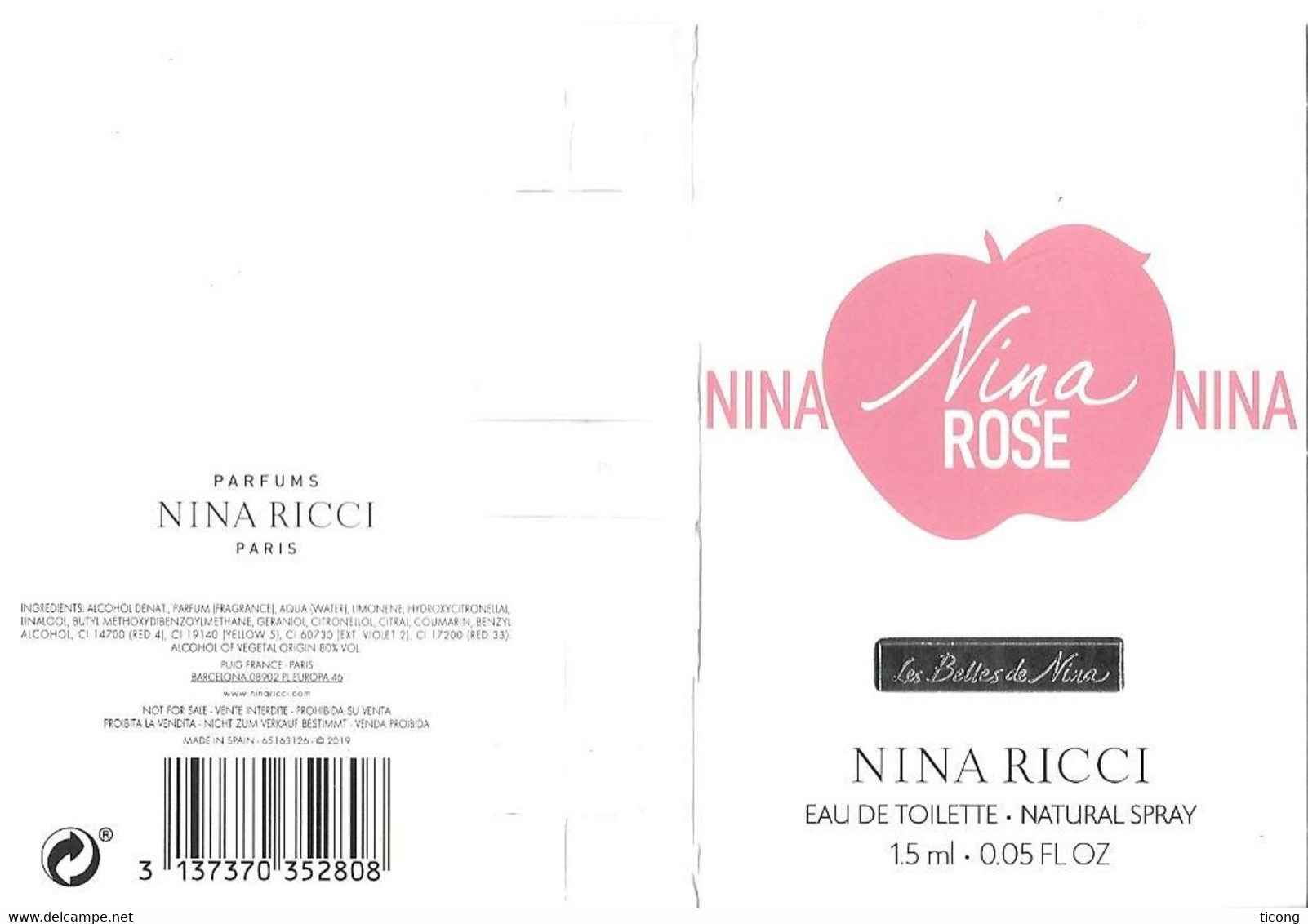 PARFUM NINA RICCI - NINA ROSE LES BELLES DE NINA, VOIR LES SCANNERS - Campioncini Di Profumo (testers)