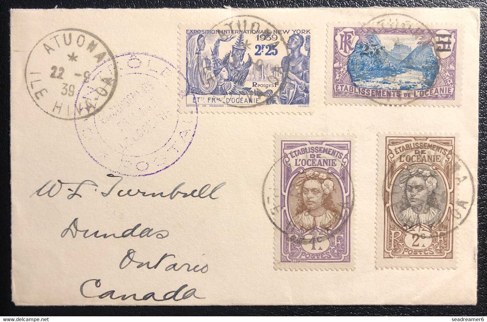 Océanie Lettre 09/1939 TAHITI De ATUONA (Marquises !) N°21, 22, 62 & 129 Pour DUNDAS CANADA + Censure Précoce TTB & R - Lettres & Documents