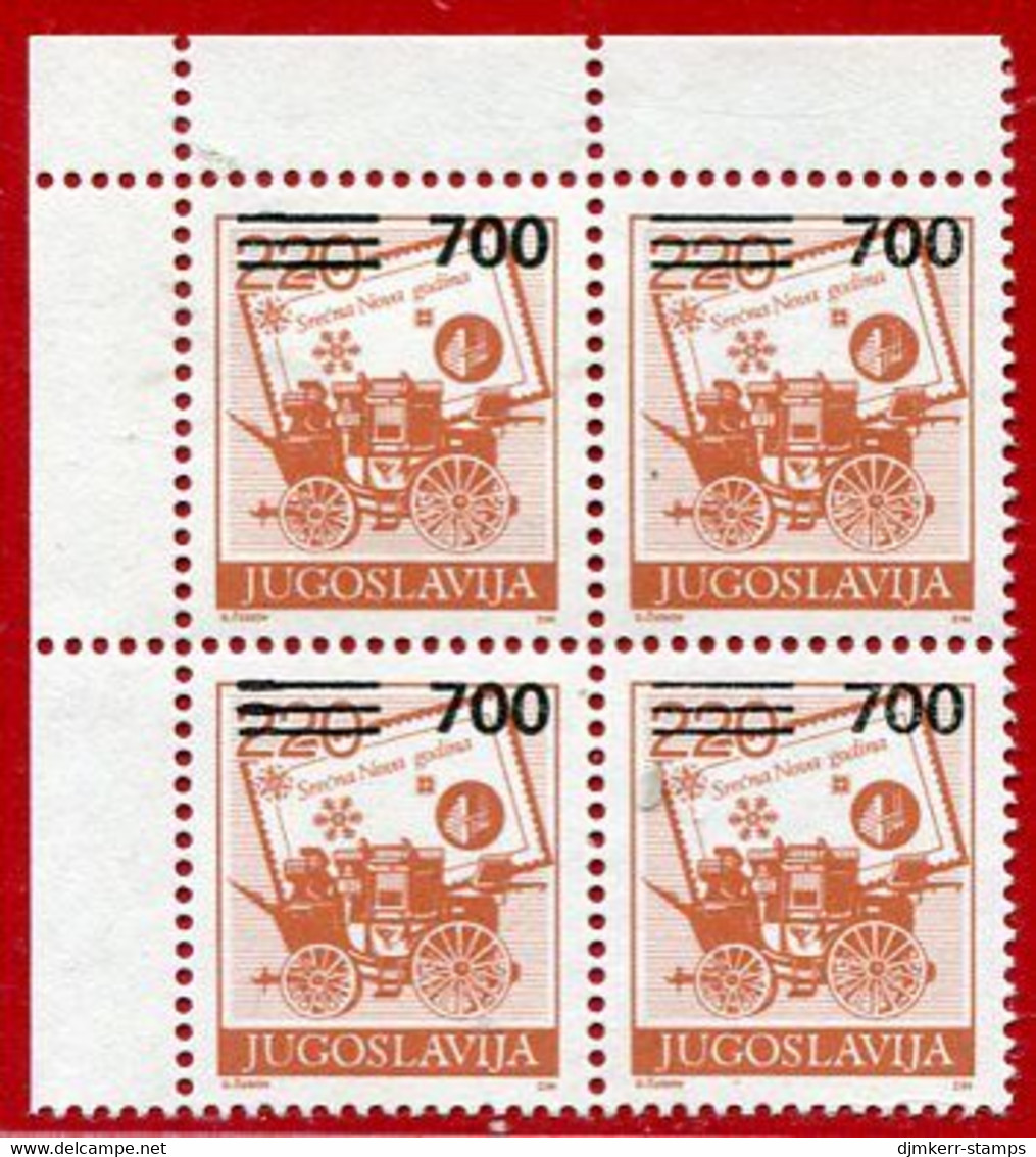 YUGOSLAVIA 1989  Surcharge 700  On 220 D Block Of 4 MNH / **.  Michel 2359 - Neufs