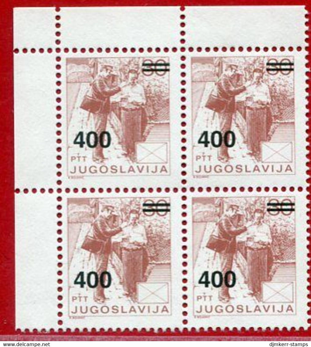 YUGOSLAVIA 1989 Surcharge 400  On 30 D Block Of 4 MNH / **.  Michel 2363 - Unused Stamps