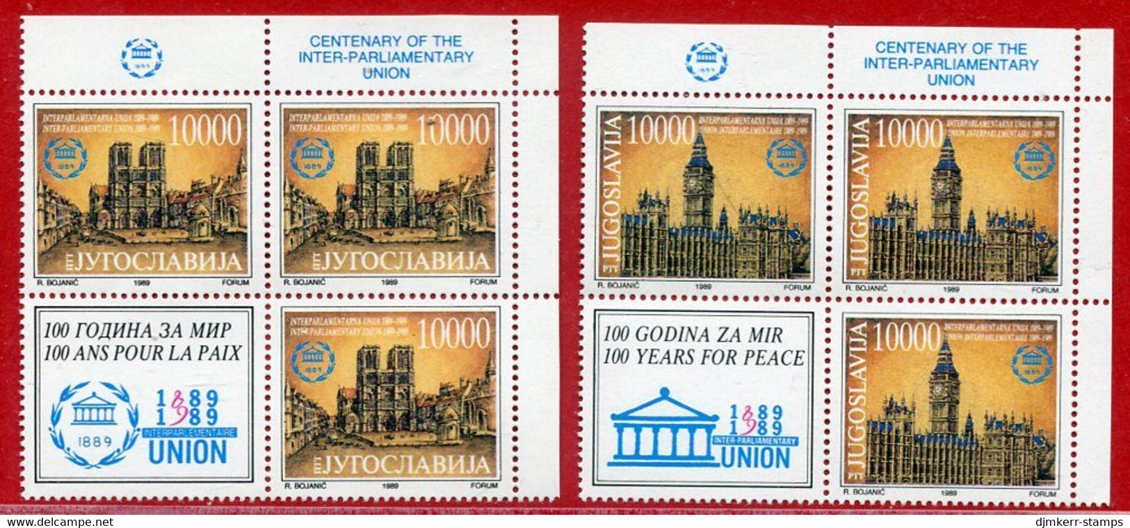 YUGOSLAVIA 1989 Interparliamentary Union Blocks Of 3 + Label MNH / **.  Michel  2367-68 - Nuevos