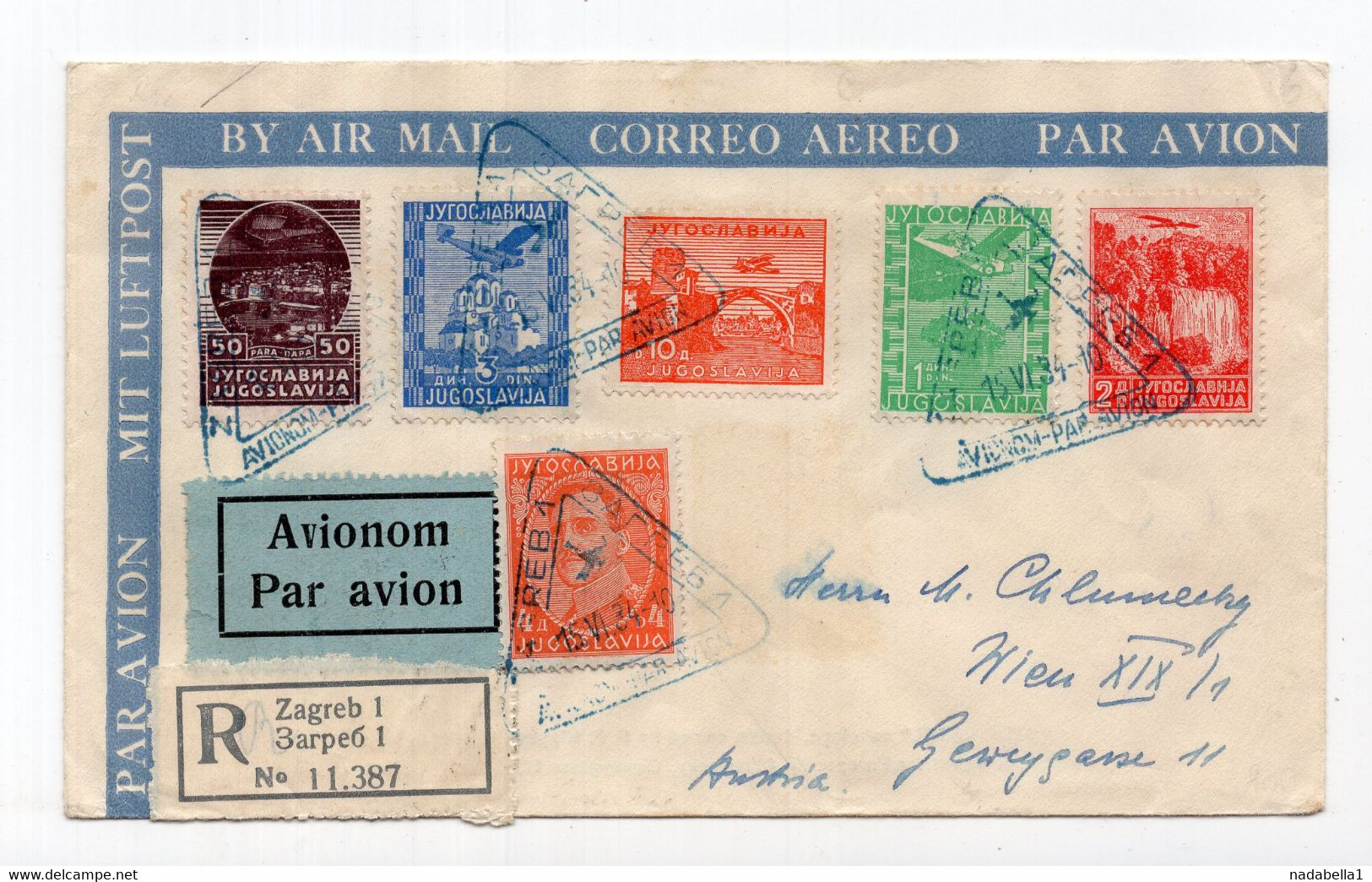 1934 KINGDOM OF YUGOSLAVIA,CROATIA,ZAGREB,AIRMAIL REGISTERED COVER TO AUSTRIA,ZAGREB FAIR POSTER STAMP AT THE BACK, - Airmail