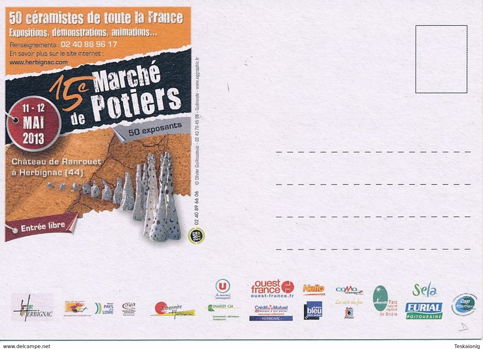 HERBIGNAC (44.Loire Atlantique) CP De Promotion Publicitaire. 15ème Marché De Potiers Mai 2013. Chateau De Ranrouët. - Herbignac