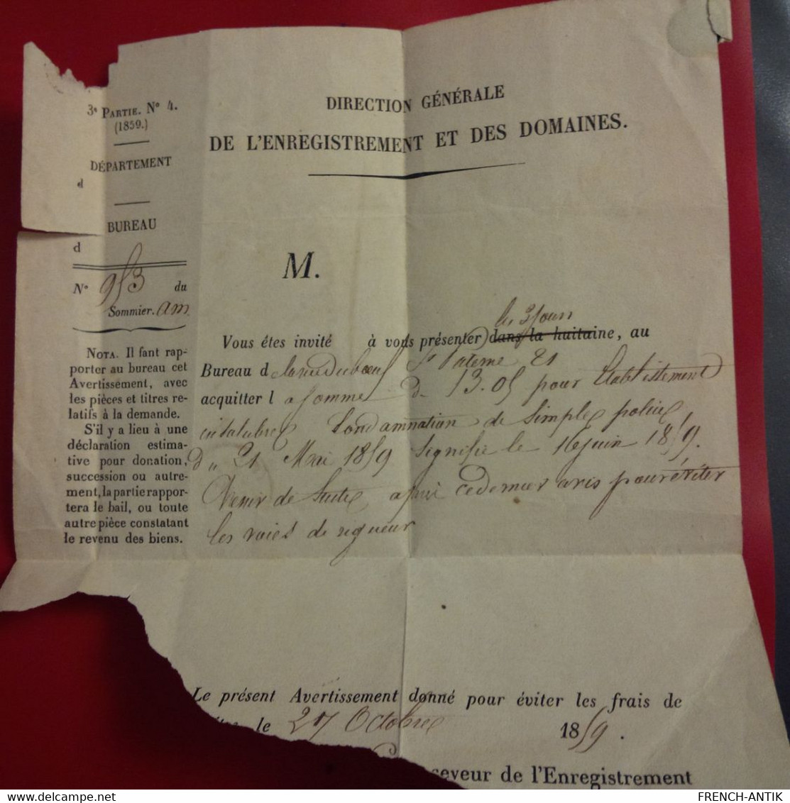 LETTRE AVEC TAXE 10 CENTIMES POUR ORLEANS 1852 - 1859-1959 Cartas & Documentos