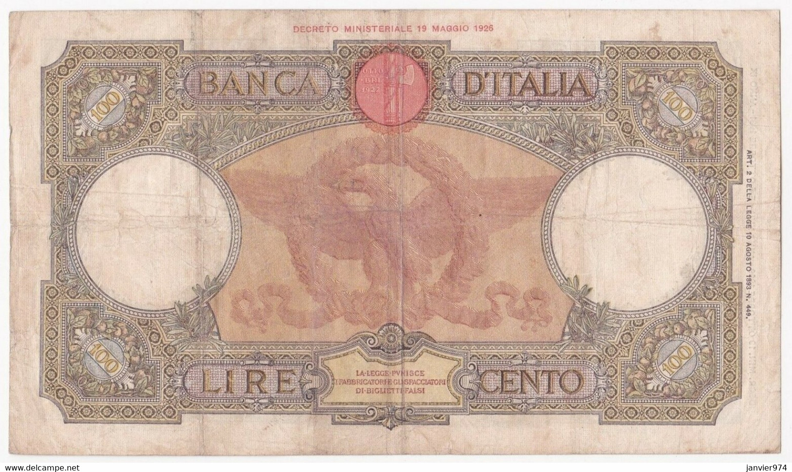 Banca D’Italia. 100 Lire 19 Ottobre 1939. Alphabet M 429, N°1386 - 100 Lire