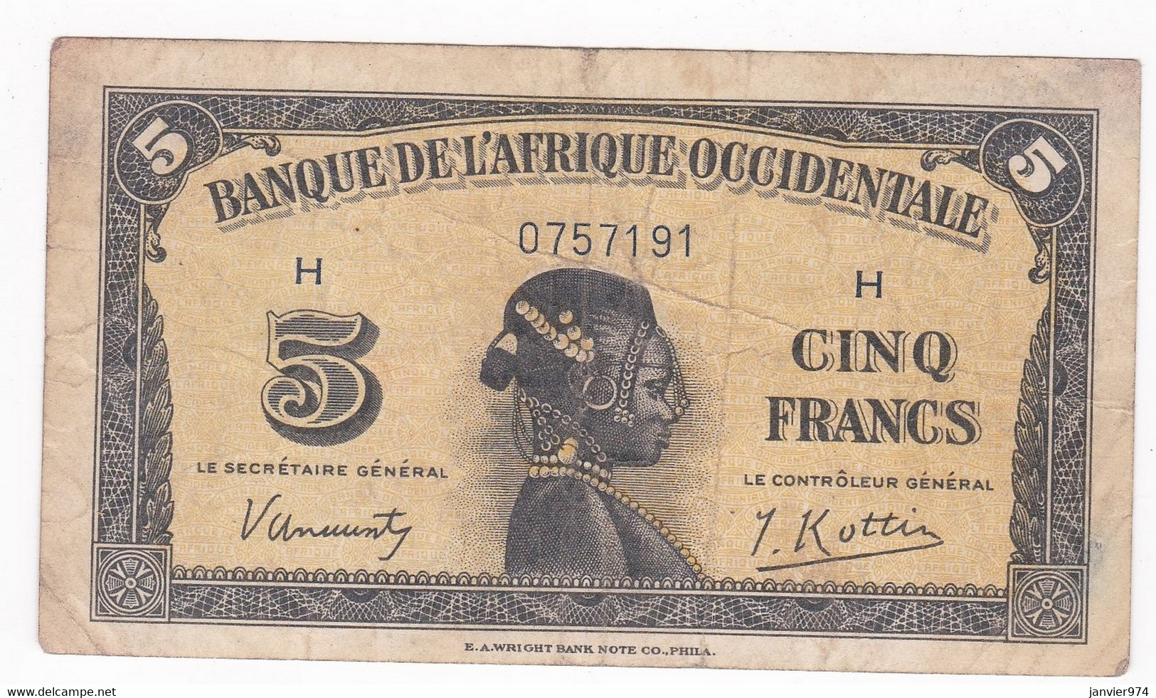 Banque De L'Afrique Occidentale 5 Francs 1942 Alphabet H N° 0757191 Pick 28 - États D'Afrique De L'Ouest