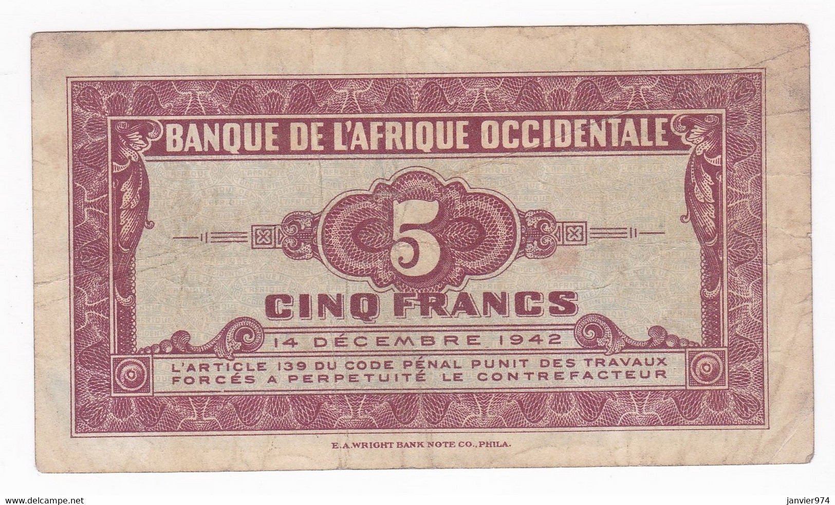 Banque De L'Afrique Occidentale 5 Francs 1942 Alphabet H N° 0757191 Pick 28 - West African States