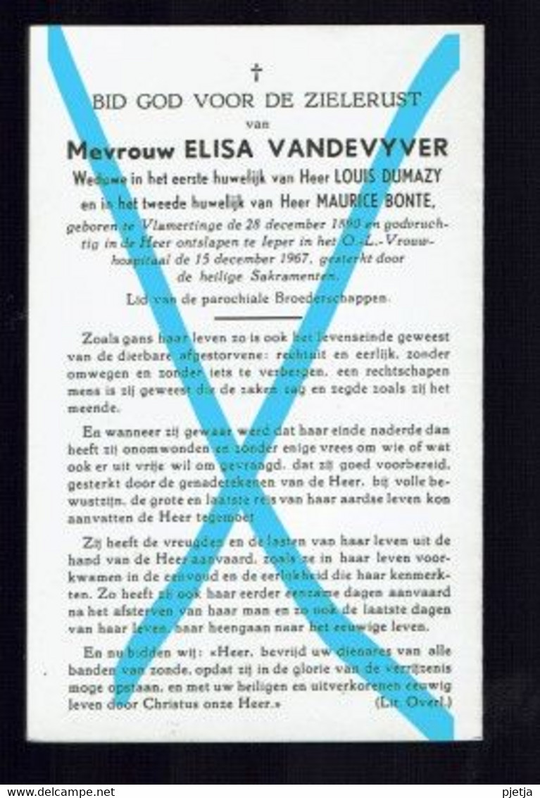 Gedachtenis Vandevyver Elisa 1890 - 1967  Vlamertinge - Ieper Wwe Louis Dumazy En Maurice Bonte - Santini