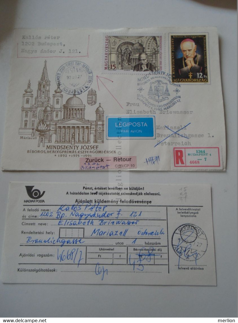 D187149 Returned Cover - Hungary  Sent To Austria Mariazell - -Mindszenthy - Esztergom - Zurück -Retour   1992 - Storia Postale