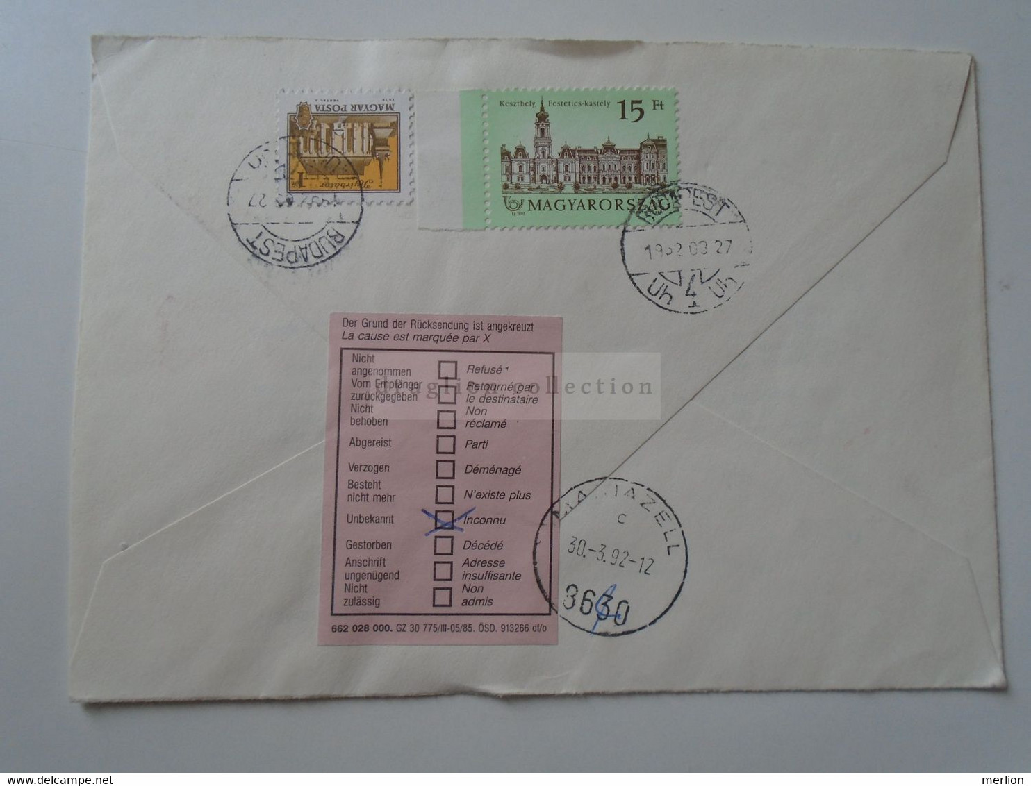 D187149 Returned Cover - Hungary  Sent To Austria Mariazell - -Mindszenthy - Esztergom - Zurück -Retour   1992 - Covers & Documents