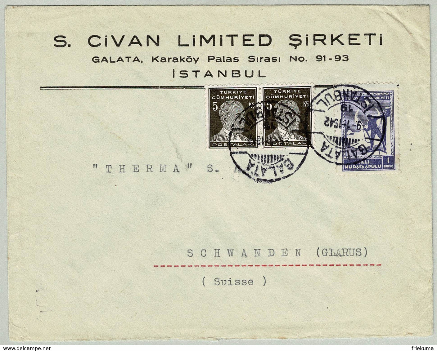 Türkei / Türkiye 1942, Brief Galata Istanbul - Schwanden (Schweiz) - Briefe U. Dokumente