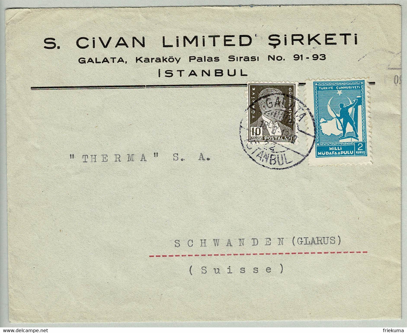 Türkei / Türkiye 1942, Brief Galata Istanbul - Schwanden (Schweiz) - Briefe U. Dokumente