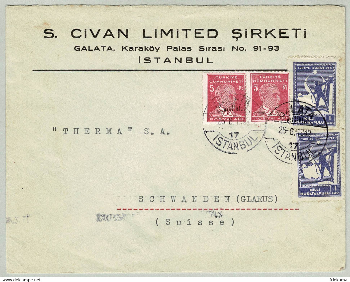 Türkei / Türkiye 1942, Brief Galata Istanbul - Schwanden (Schweiz) - Briefe U. Dokumente