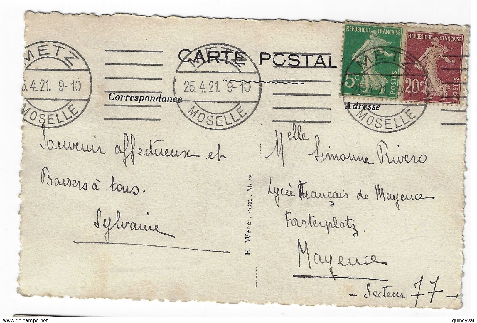 METZ Moselle Carte Postale Semeuse 20c Brun 5c Vert Yv 137 139 Ob 25 4 1921 Meca Sylbe Et Pondorf Dreyfus MET111 - Mechanische Stempels (varia)