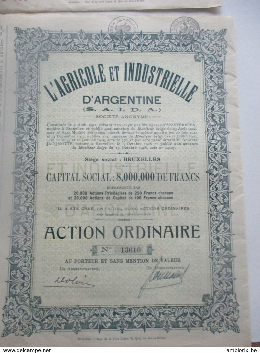 L'Agricole Et Industrielle D'Argentine - Bruxelles - Action Ordinaire - Capital 8 000 000  - 1928 - Agriculture