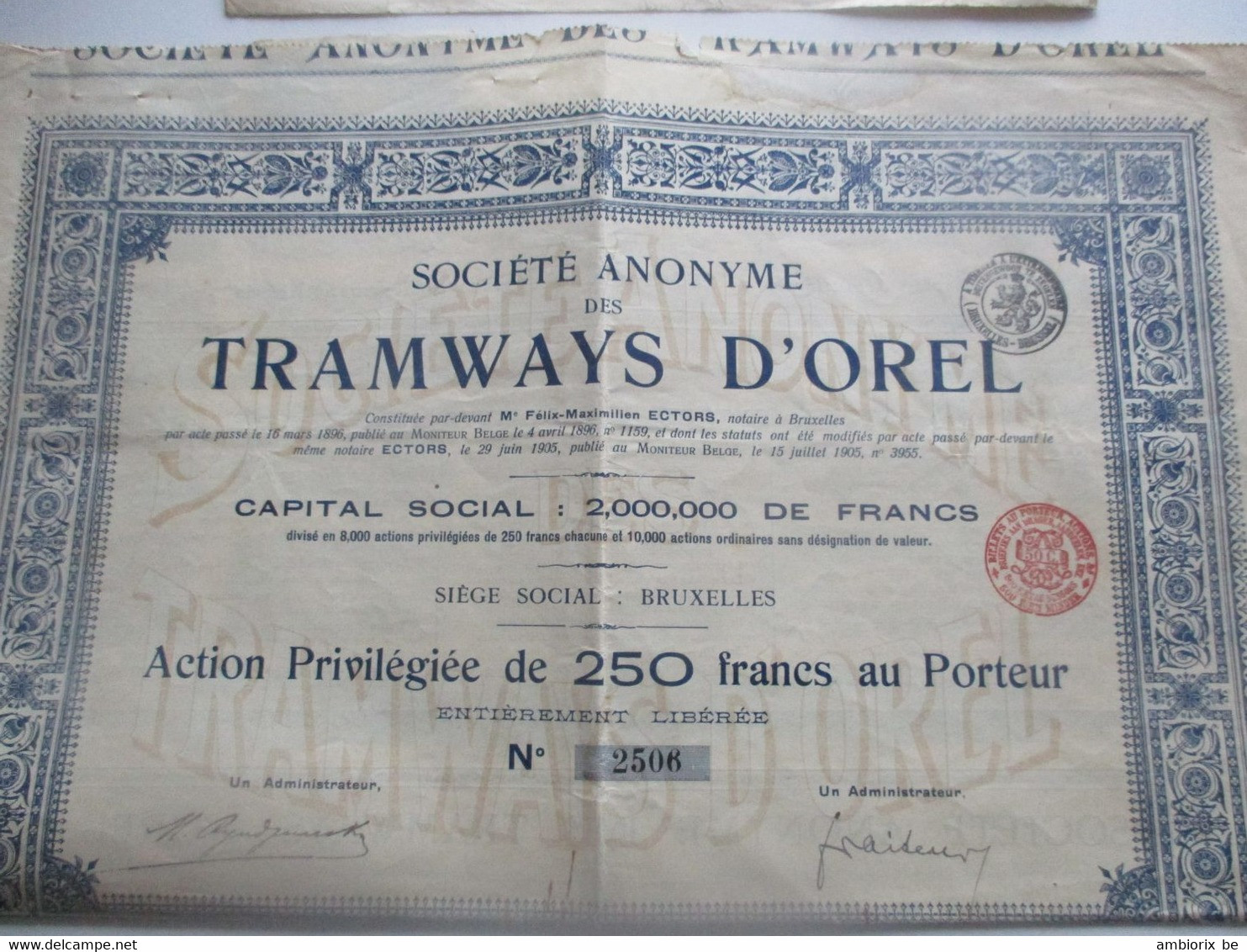 Tramways D'Orel - Bruxelles - Action Privilégiée De 250 Francs Au Porteur - Capital 2 000 000  - 1905 - Transportmiddelen