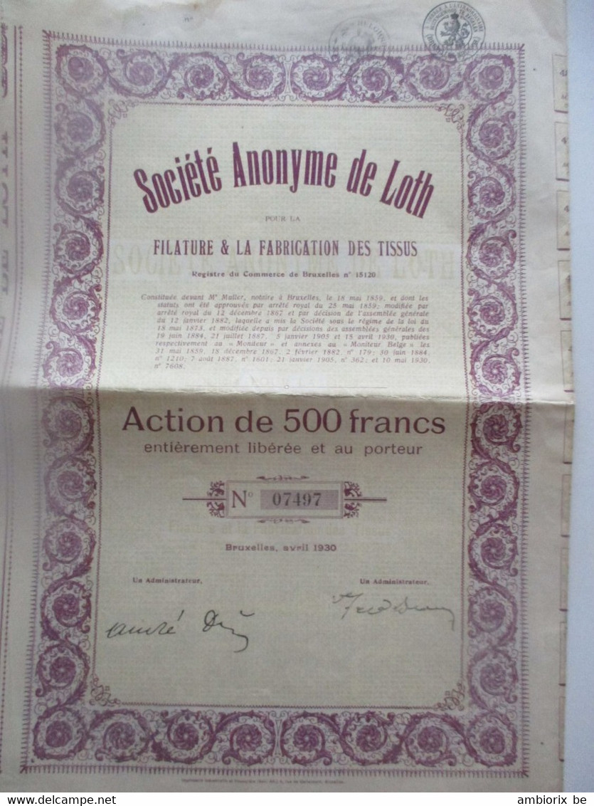 Société Anonyme De Loth  - Bruxelles - Action De 500 Francs Au Porteur - 1930 - Textiel