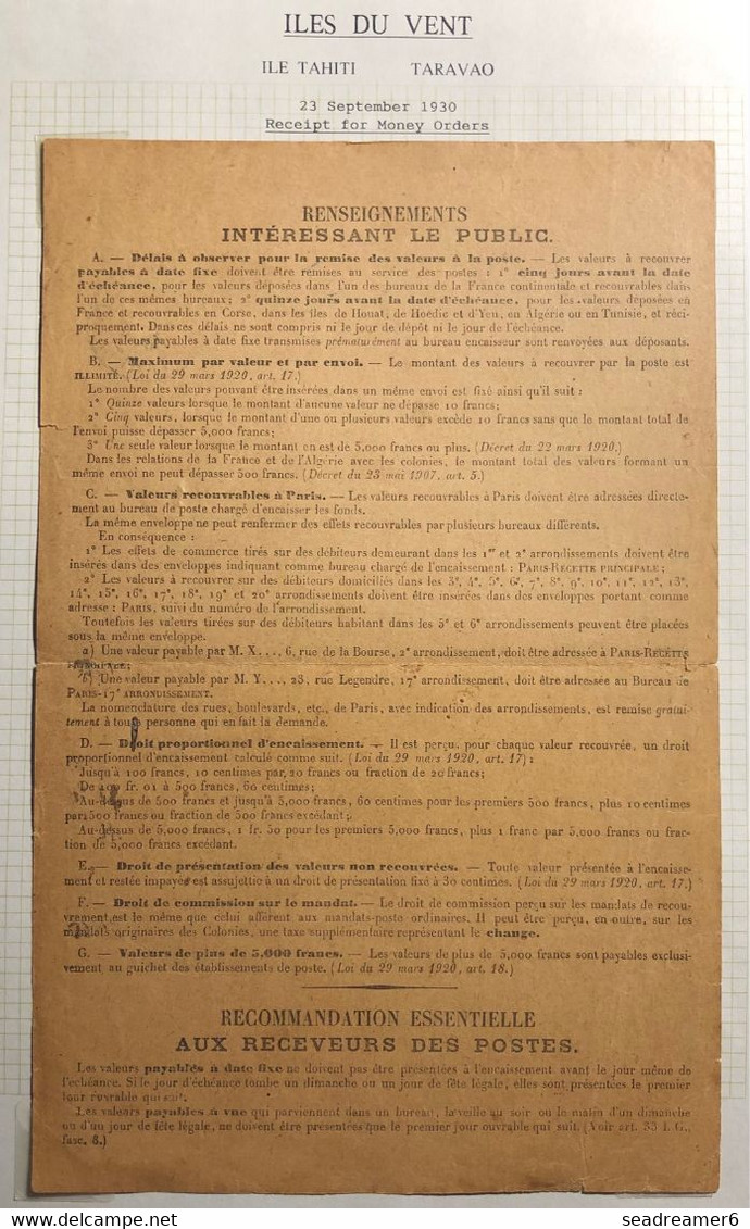 Océanie Bordereau Des Valeurs à Recouvrer 23/09/1930 TAHITI TARAVAO Pour 40 Fr à Recouvrer TTB - Brieven En Documenten