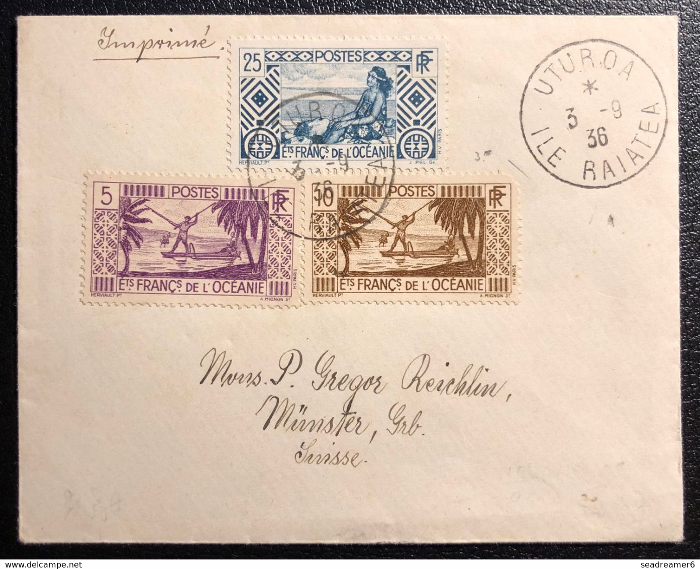 Océanie Lettre 1936 TAHITI UTUROA /ile RAIATEA Tarif Imprimé 40c N°88, 89 & 92 Pour Munster SUISSE TTB - Brieven En Documenten