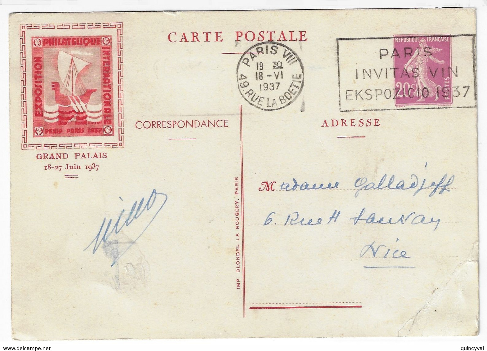 PARIS VIII La Boétie Entier 20 C Expo Grand Palais 1937 Ob Méca Flamme INVITAS VIN EKSPOZICIO A08302 Pli Coin Bas Droit - Mechanical Postmarks (Other)