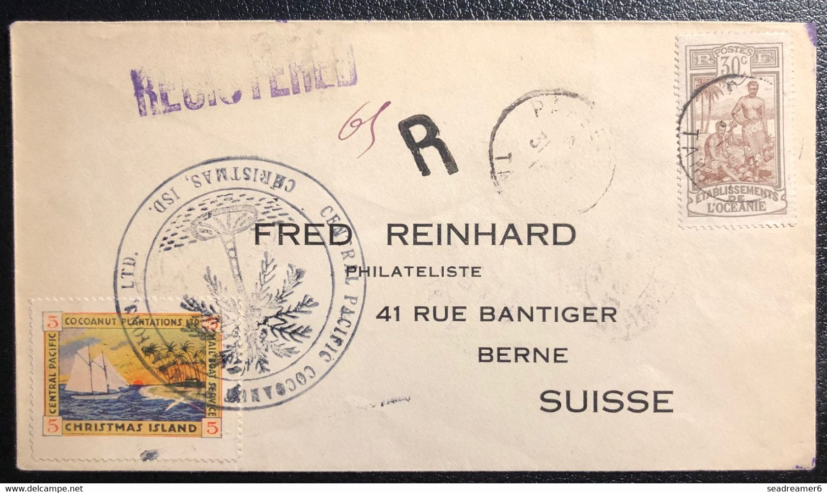 Océanie Lettre Recommandée REINHARD 1918 Mixte Christmas Island Privé 5c (KIRIBATI) + N°29 Obl Papete Pour La Suisse RR - Storia Postale