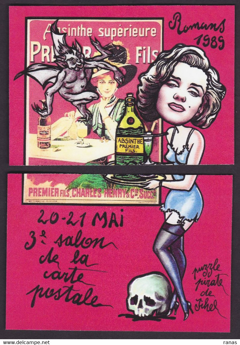 CPM ROMANS Tirage Signé 30 Ex. Numérotés Signés Par JIHEL Puzzle De 2 Cartes Absinthe Premier Fils Salon 1989 - Romans Sur Isere