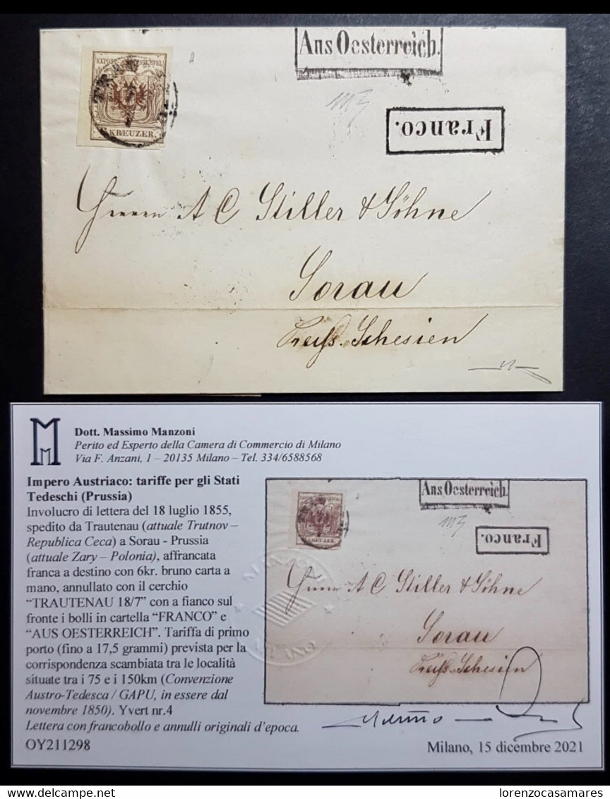 Austria 6 Kreuzer 1855 Trautenau Lettera Prussia Sorau Molto Bella R - Covers & Documents