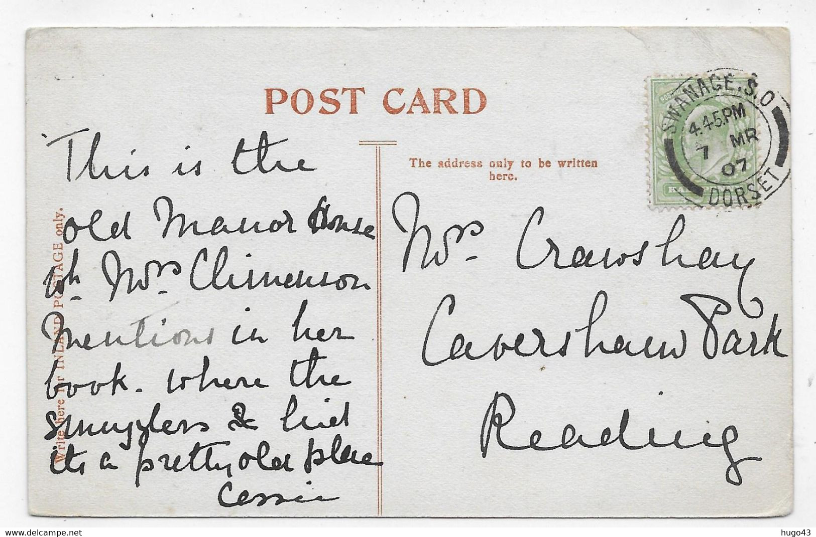 (RECTO / VERSO) STUDLAND - OLD MANOR HOUSE EN 1907 - BEAU CACHET ET TIMBRE - PLIS ANGLE HAUT A GAUCHE - CPA - Swanage