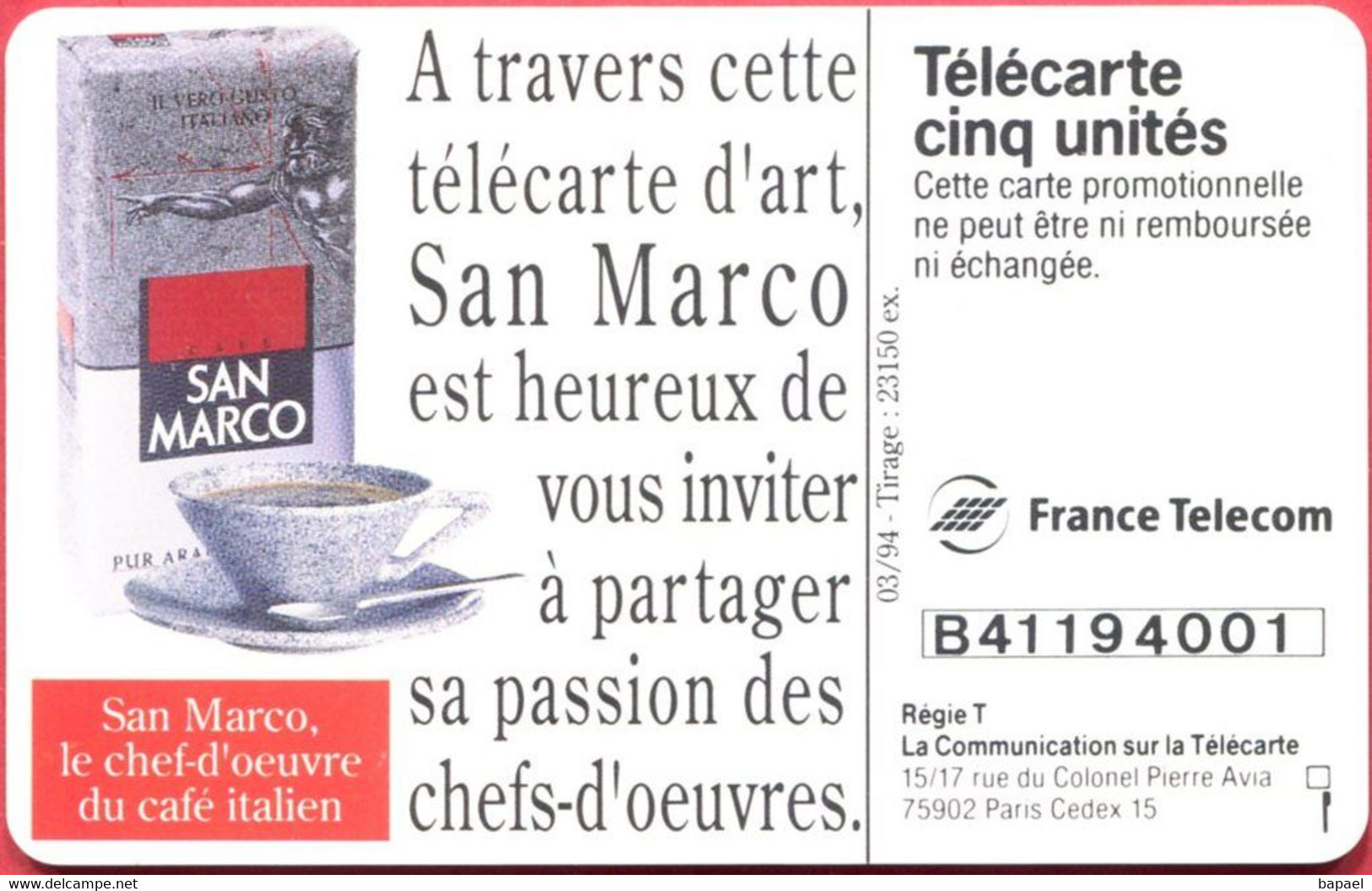 Télécarte Réf Pho Gn021 (1994)- Thème Art - Café Italien ''San Marco'' (2) (Recto-Verso) - Alimentación