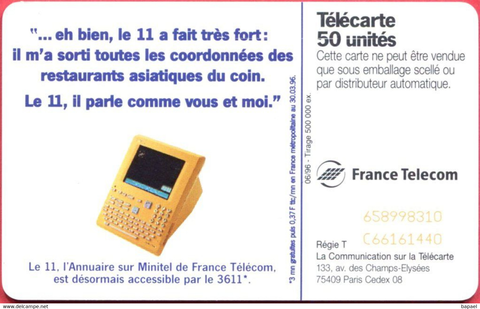 Télécarte Réf Pho 0661 (1996) - Thème Femmes - Minitel Le "11" (Recto-Verso) - Téléphones