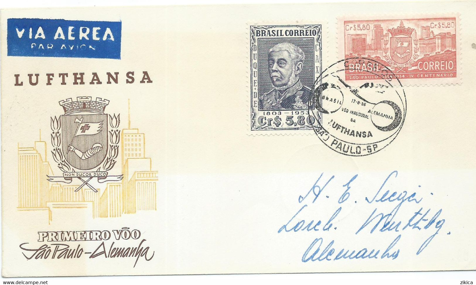 Guatemala Letter Via Germany 1956 The First Flight Sao Paulo - Germany,LUFTHANSA - Briefe U. Dokumente