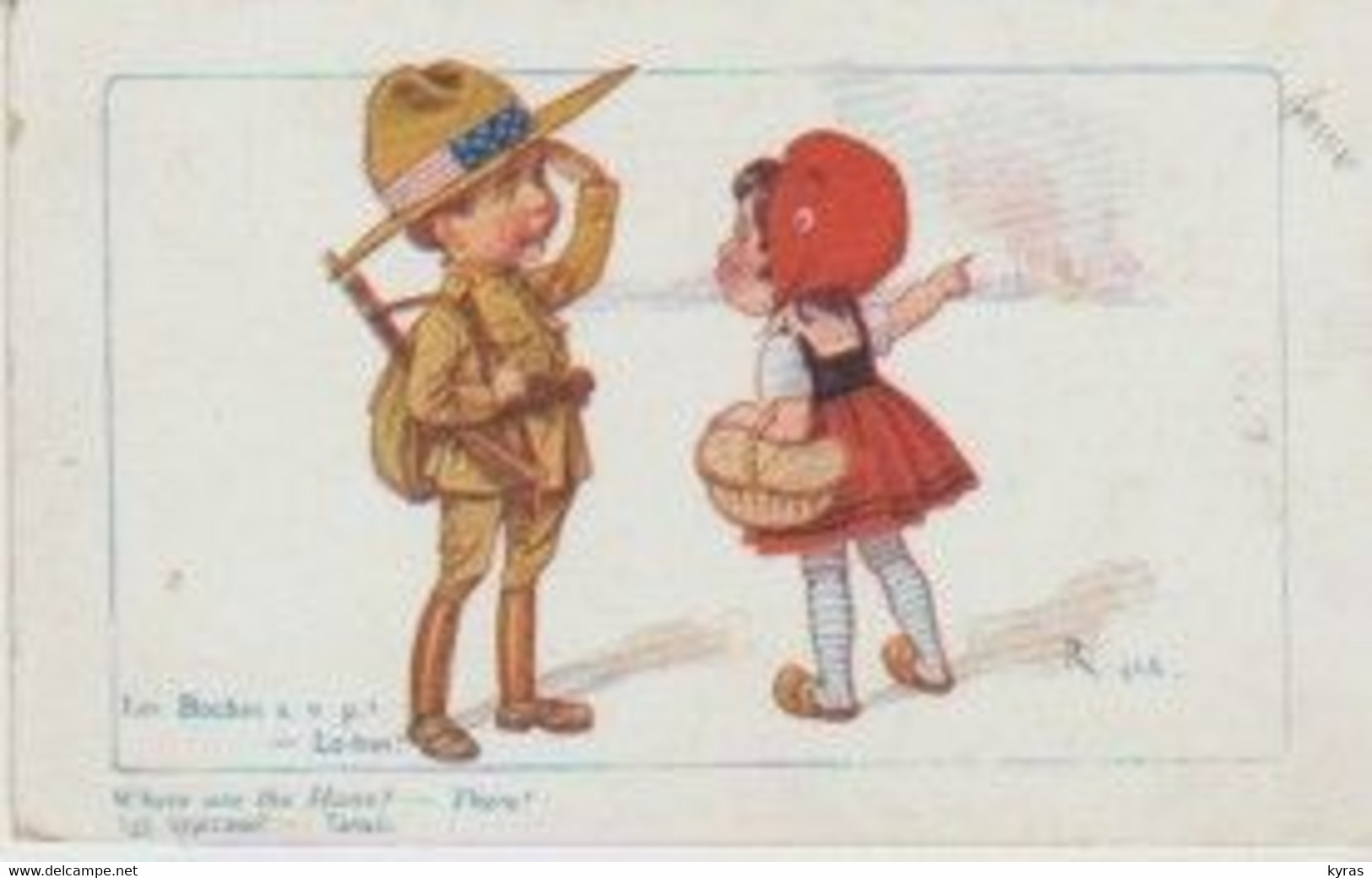 MILITARIA . Illustr. RIGHT. Enfant Soldat Américain à Fillette Française "Les Boches S.v.p? " "-Là-bas!" - Right