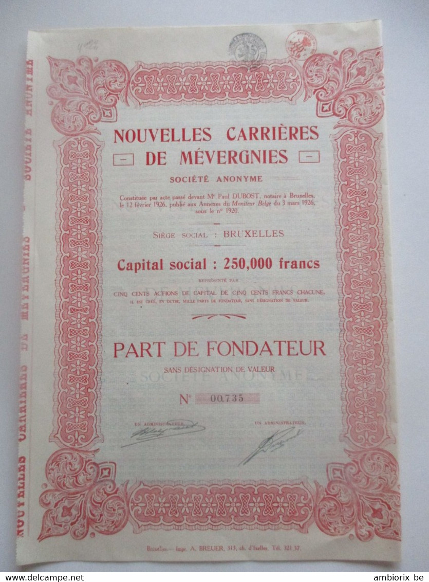 Nouvelles Carrières De Mévergnies - Bruxelles - Part De Fondateur - Capital 250 000 - 1920 - Mijnen