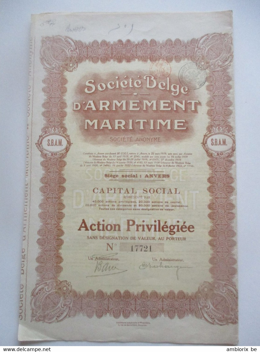 Société Belge D'armement Maritime - Anvers - Action Privilégiée - 1922 - Navigation