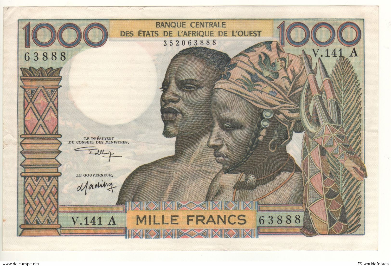 Ivory Coast   WEST AFRICAN STATES   Attractive   1'000 Francs P103Ak  ( ND  1965 ) - Ivoorkust